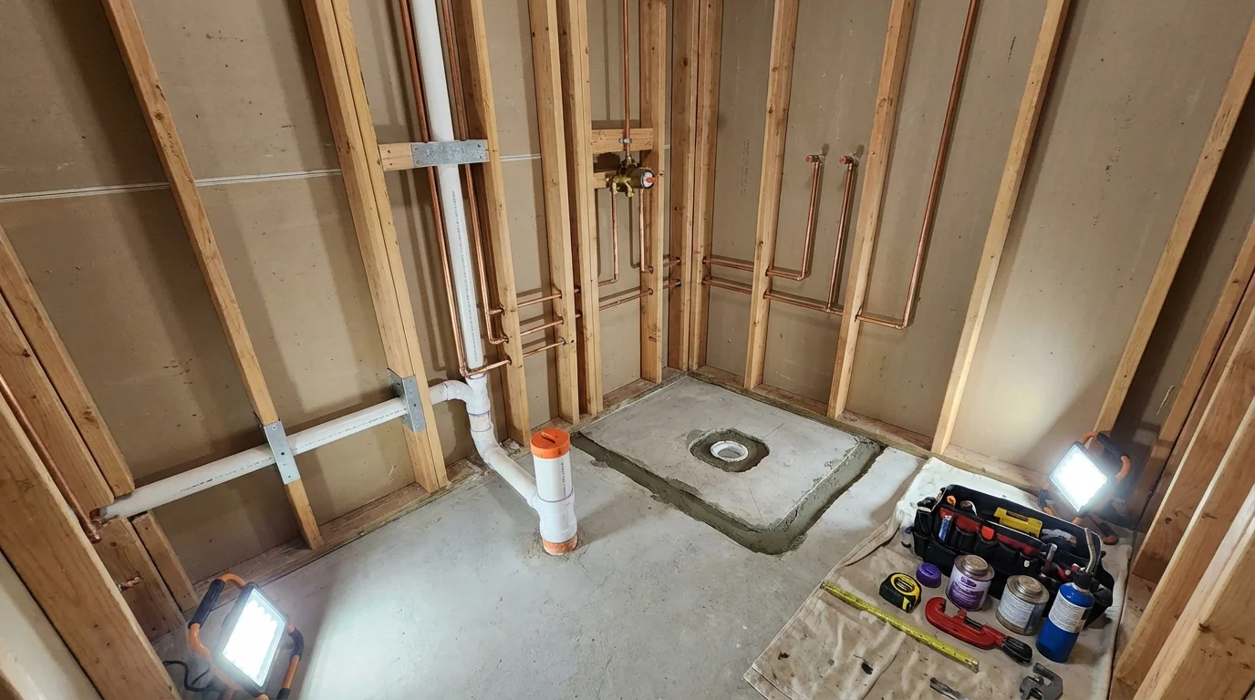 Bathroom rough-in plumbing during remodel by Johns Plumbing LLC in Dolan Springs
