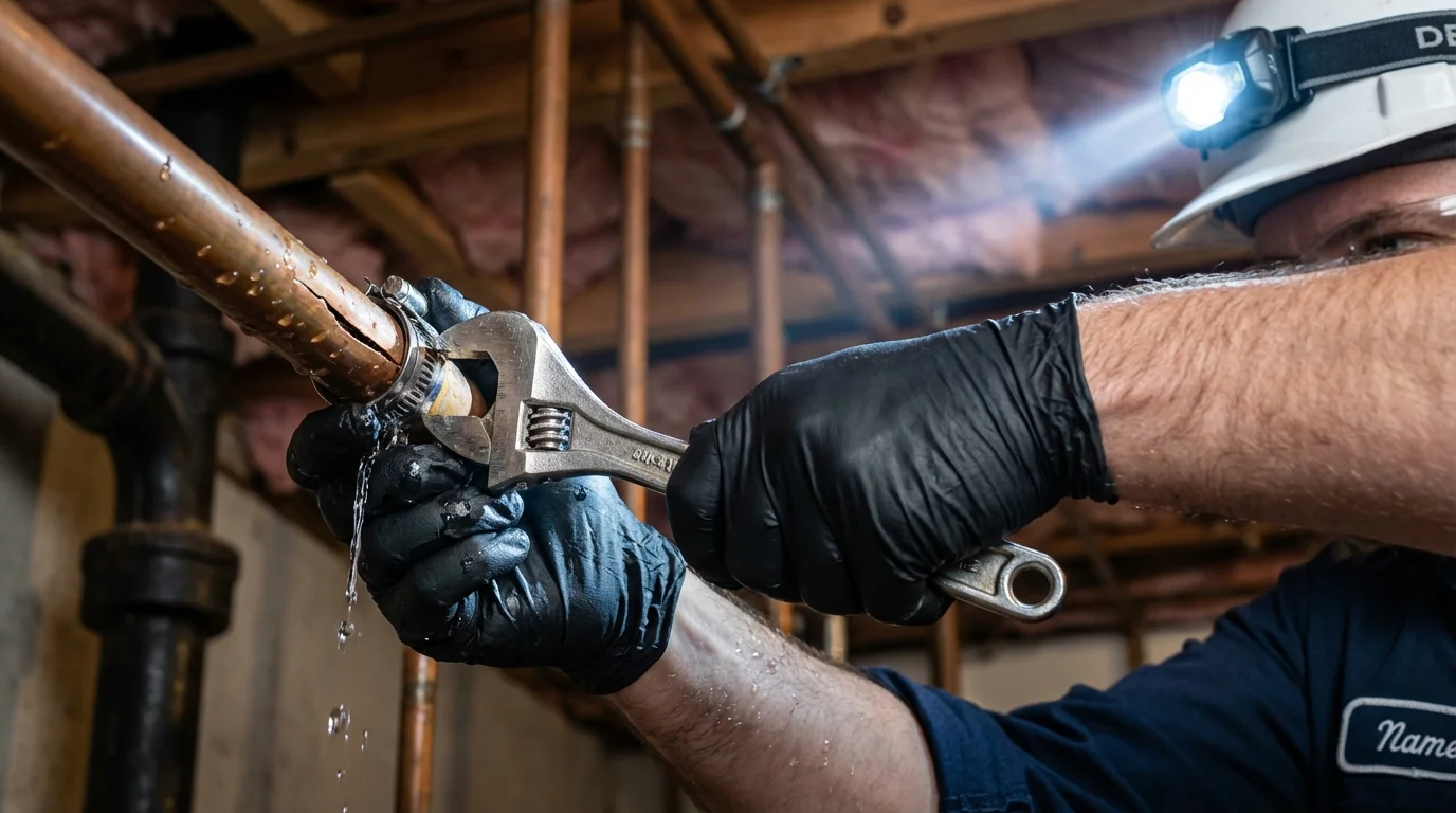 Emergency pipe clamp repair being performed by a Johns Plumbing LLC plumber in Dolan Springs