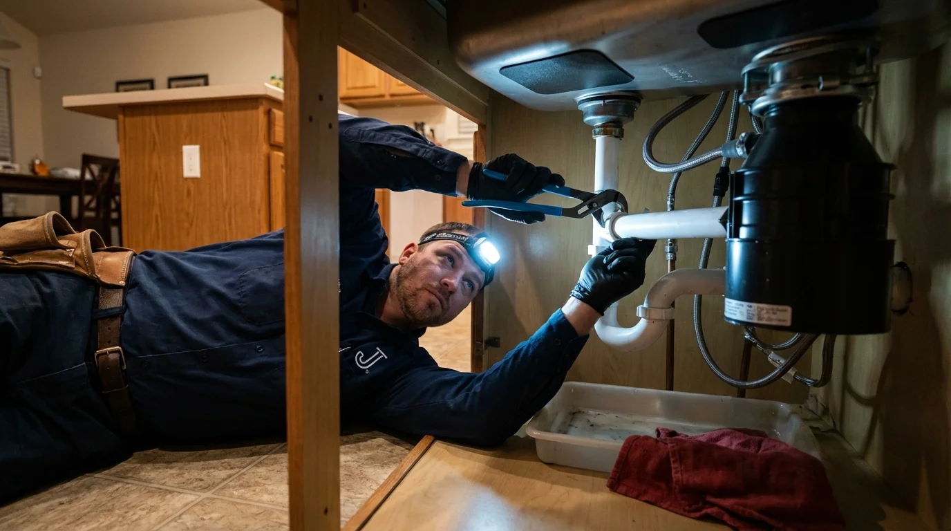 P-trap and supply line connections under a kitchen sink showing a common leak point in Dolan Springs, AZ